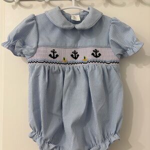 Blue Seersucker Smocked Bubble with Anchors